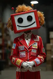 Midjourney generated image using SREF code Pyrognome: A man in a red suit with a robot head on his head.