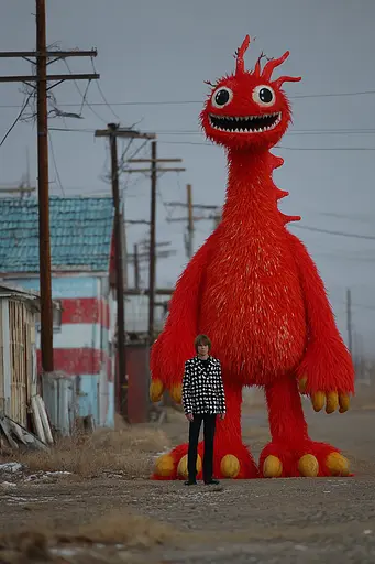 Midjourney generated image using SREF code Pyrognome: A man standing next to a giant red monster.