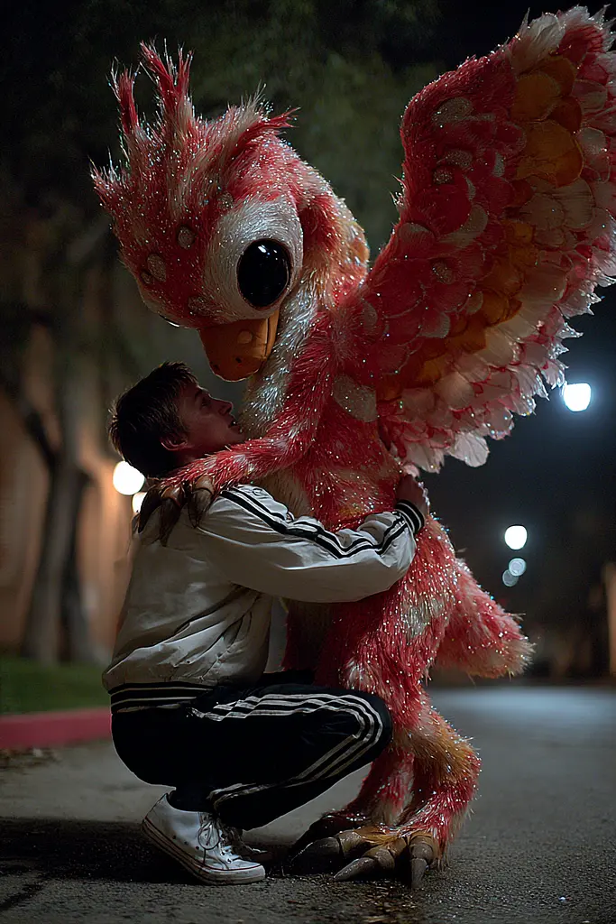 Midjourney generated image using SREF code Pyrognome: A man kneeling down next to a giant red bird.