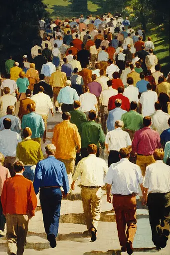 Midjourney generated image using SREF code Serene Monarch: A large group of people walking down a street.