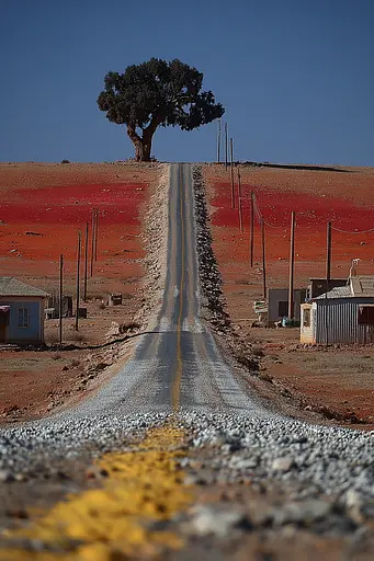 Midjourney generated image using SREF code Pyrognome: A lone tree on the side of a dirt road.