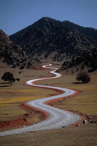 Midjourney generated image using SREF code Pyrognome: A winding road in the middle of a grassy field.