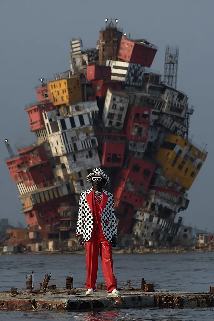 Midjourney generated image using SREF code Pyrognome: A man in a polka dot suit and hat standing on a pier.
