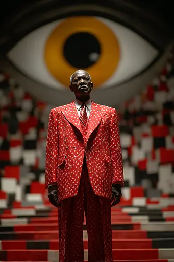 Midjourney generated image using SREF code Pyrognome: A man in a red suit standing in front of a large eye.