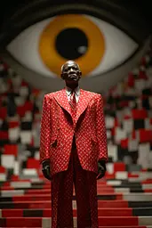 Midjourney generated image using SREF code Pyrognome: A man in a red suit standing in front of a large eye.