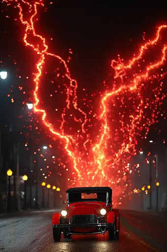 Midjourney generated image using SREF code Pyrognome: A red car driving down a street at night with fireworks in the background.