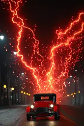 Midjourney generated image using SREF code Pyrognome: A red car driving down a street at night with fireworks in the background.