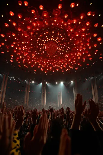 Midjourney generated image using SREF code Pyrognome: A crowd of people at a concert with their hands in the air.