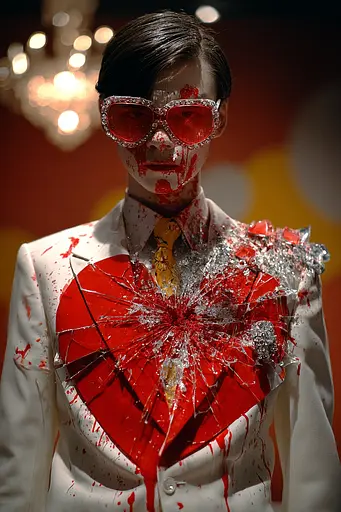 Midjourney generated image using SREF code Pyrognome: A man in a white suit with red paint on his face.