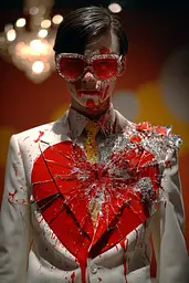 Midjourney generated image using SREF code Pyrognome: A man in a white suit with red paint on his face.