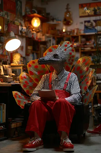 Midjourney generated image using SREF code Pyrognome: A man sitting in a chair with a dinosaur head on his head.