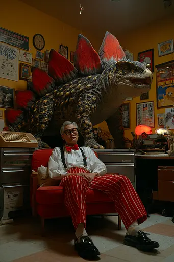 Midjourney generated image using SREF code Pyrognome: A man sitting on a red couch in front of a dinosaur.