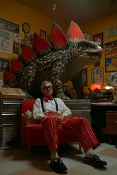 Midjourney generated image using SREF code Pyrognome: A man sitting on a red couch in front of a dinosaur.