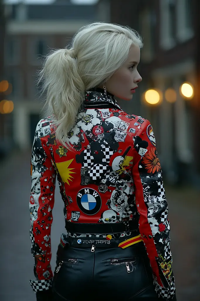 Midjourney generated image using SREF code Pyrognome: A woman in a red and black jacket is walking down the street.