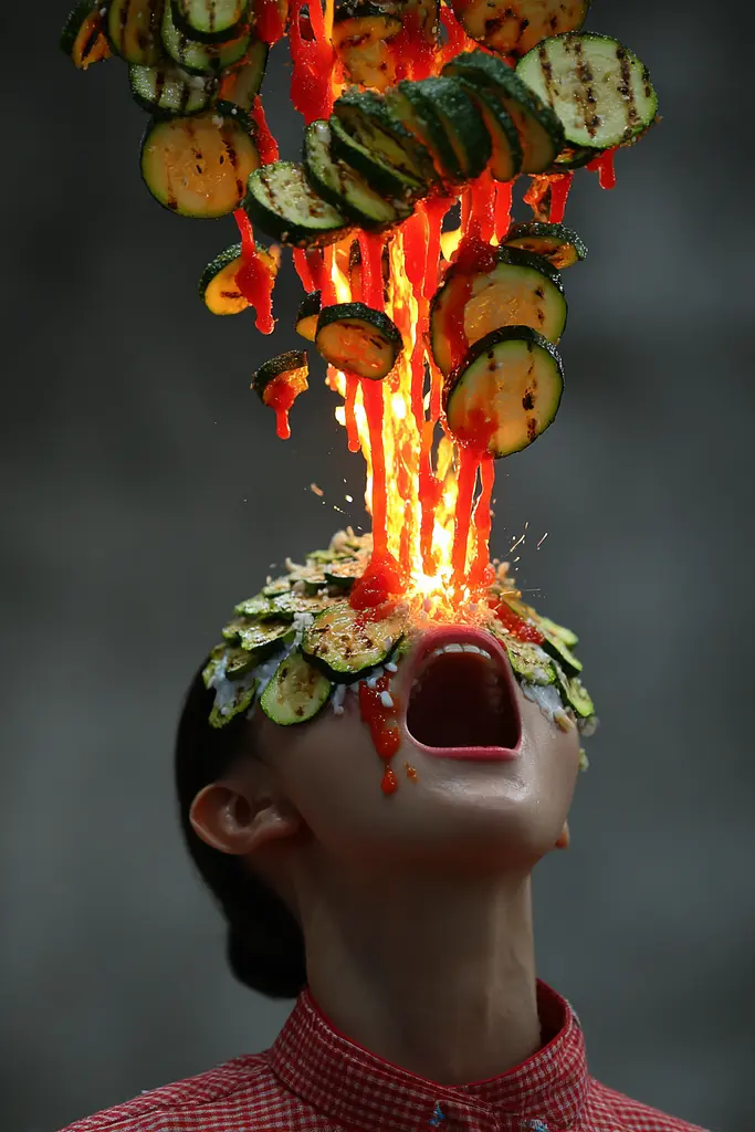 Midjourney generated image using SREF code Pyrognome: A woman with a bunch of vegetables on her head.