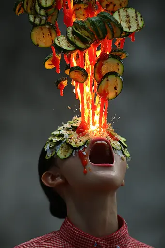 Midjourney generated image using SREF code Pyrognome: A woman with a bunch of vegetables on her head.