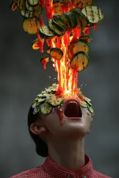 Midjourney generated image using SREF code Pyrognome: A woman with a bunch of vegetables on her head.