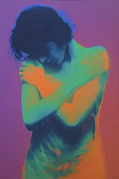 Midjourney generated image using SREF code Infrachrome: A painting of a woman with her head in her hands.
