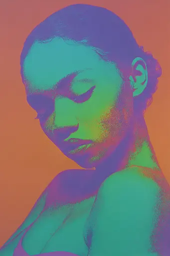 Midjourney generated image using SREF code Infrachrome: A woman with her eyes closed in front of an orange background.