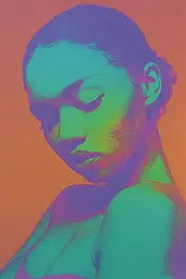 Midjourney generated image using SREF code Infrachrome: A woman with her eyes closed in front of an orange background.