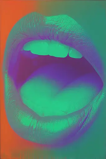 Midjourney generated image using SREF code Infrachrome: A close up of a woman's mouth with her tongue out.