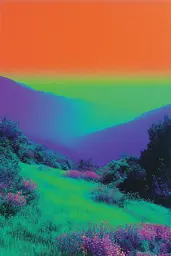 Midjourney generated image using SREF code Infrachrome: A field of purple and green flowers with a rainbow in the background.
