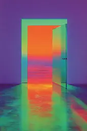 Midjourney generated image using SREF code Infrachrome: An open door in a room with a colorful sunset in the background.