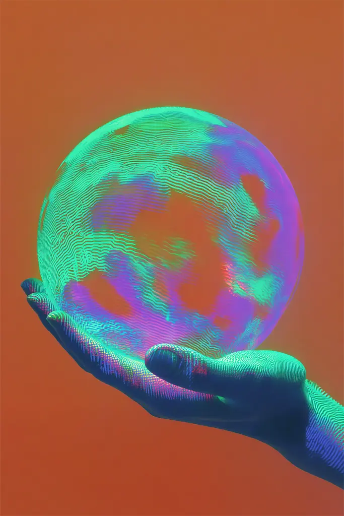 Midjourney generated image using SREF code Infrachrome: A person holding a colorful sphere in their hand.