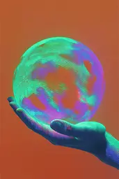 Midjourney generated image using SREF code Infrachrome: A person holding a colorful sphere in their hand.