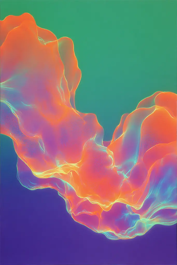 Midjourney generated image using SREF code Infrachrome: A picture of an orange and blue abstract painting.