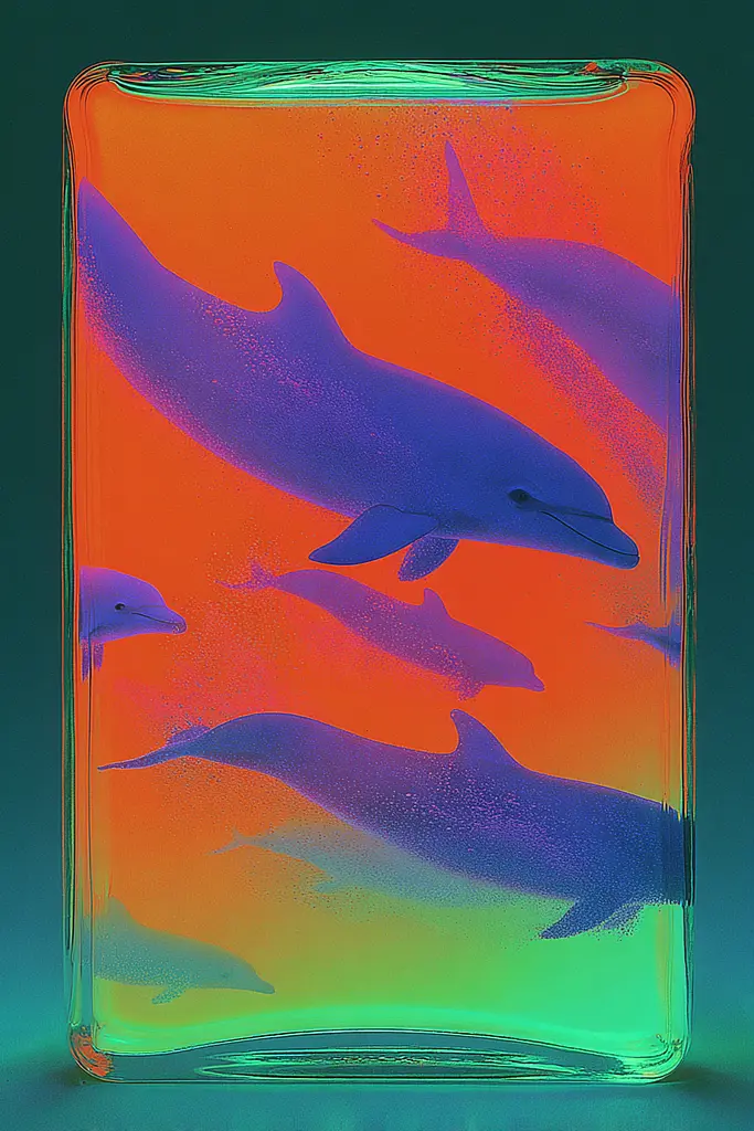 Midjourney generated image using SREF code Infrachrome: A glass vase with dolphins in it on a green background.
