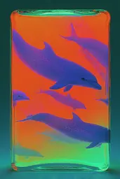 Midjourney generated image using SREF code Infrachrome: A glass vase with dolphins in it on a green background.