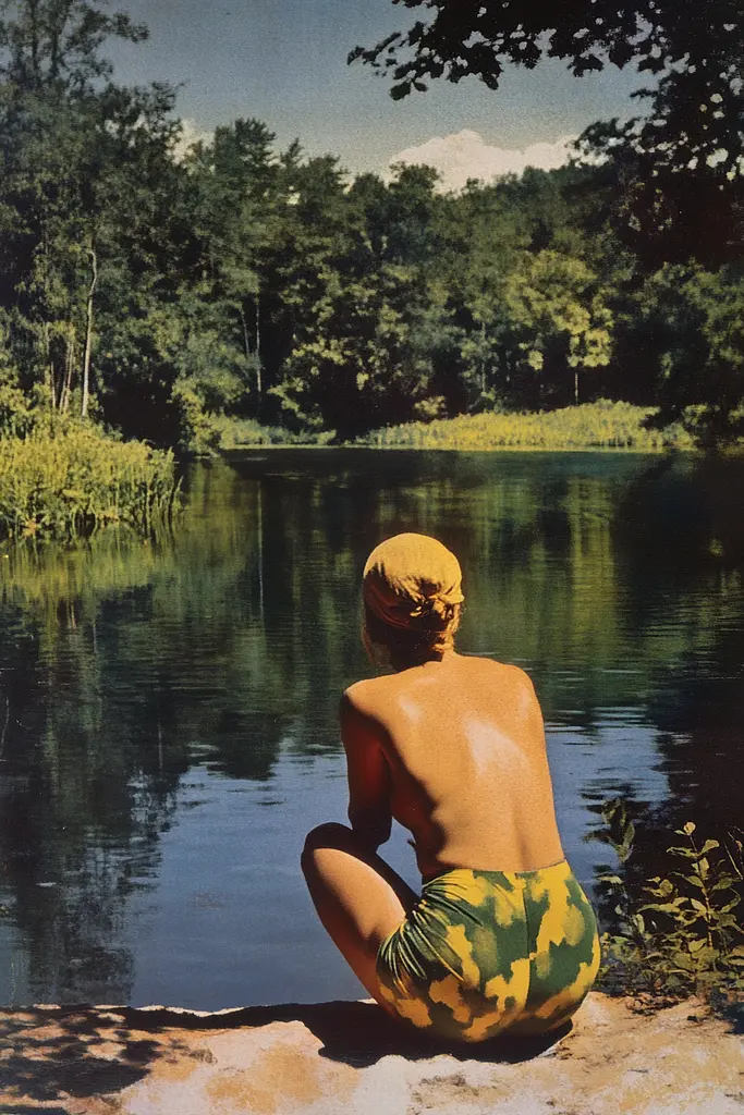 Midjourney generated image using SREF code Serene Monarch: A woman sitting on a rock by a lake.