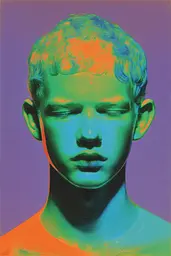 Midjourney generated image using SREF code Infrachrome: A painting of a young man with his eyes closed.