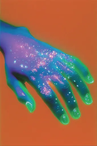 Midjourney generated image using SREF code Infrachrome: A hand with glowing hands on an orange background.