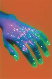 Midjourney generated image using SREF code Infrachrome: A hand with glowing hands on an orange background.