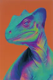 Midjourney generated image using SREF code Infrachrome: A colorful lizard with blue eyes on an orange background.