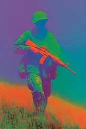 Midjourney generated image using SREF code Infrachrome: A soldier walking through a field holding a rifle.