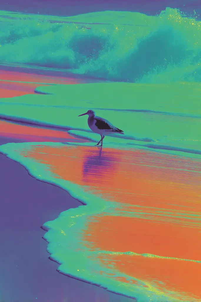Midjourney generated image using SREF code Infrachrome: A bird standing on a beach next to the ocean.