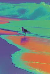 Midjourney generated image using SREF code Infrachrome: A bird standing on a beach next to the ocean.