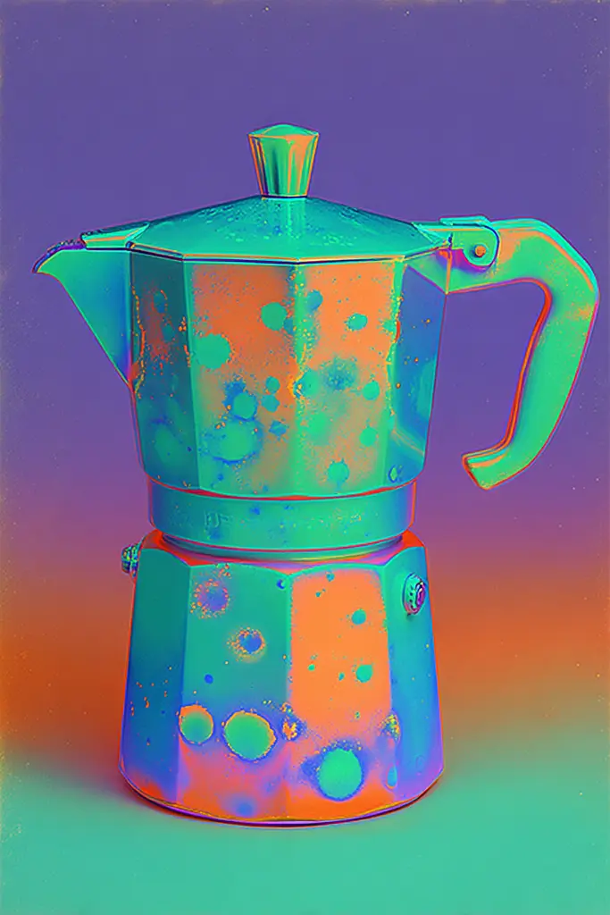 Midjourney generated image using SREF code Infrachrome: A coffee pot sitting on top of a table.