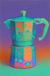 Midjourney generated image using SREF code Infrachrome: A coffee pot sitting on top of a table.