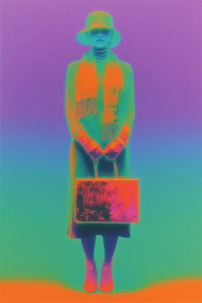 Midjourney generated image using SREF code Infrachrome: A woman in a hat and scarf holding a handbag.