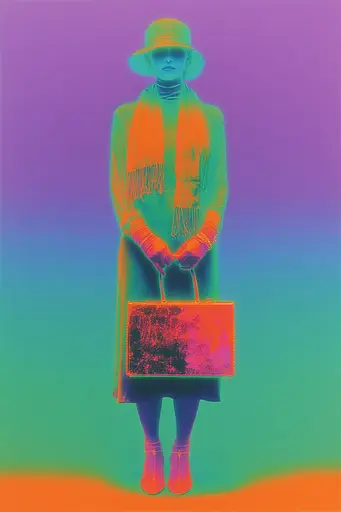 Midjourney generated image using SREF code Infrachrome: A woman in a hat and scarf holding a handbag.