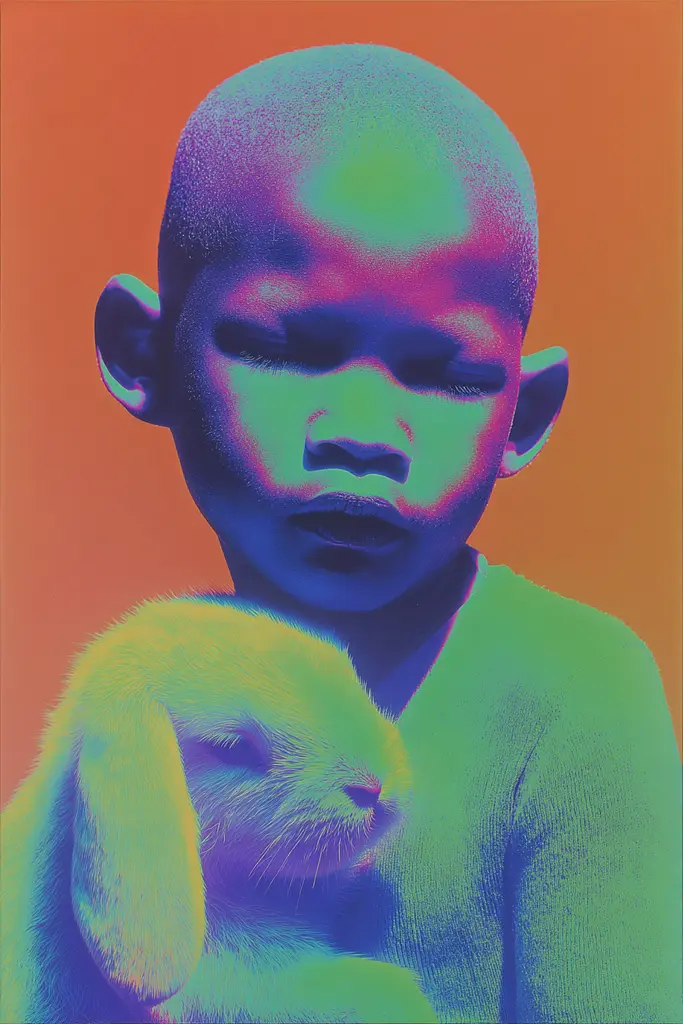 Midjourney generated image using SREF code Infrachrome: A young boy holding a rabbit in his arms.