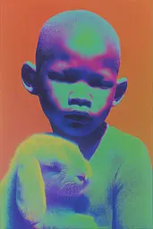 Midjourney generated image using SREF code Infrachrome: A young boy holding a rabbit in his arms.