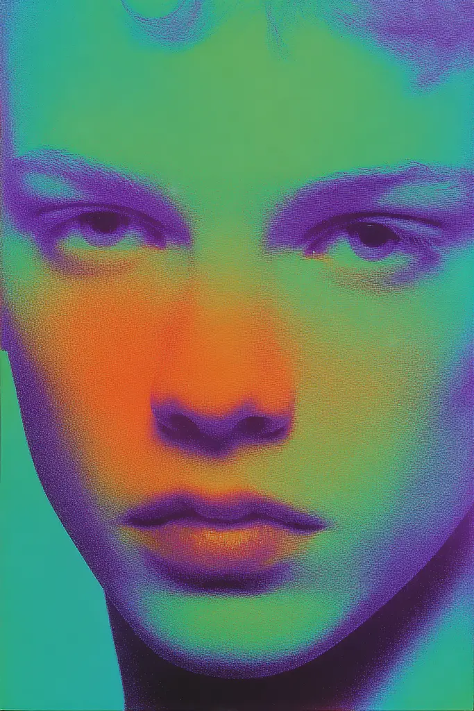 Midjourney generated image using SREF code Infrachrome: a close up of a person's face with a colorful background