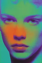 Midjourney generated image using SREF code Infrachrome: a close up of a person's face with a colorful background