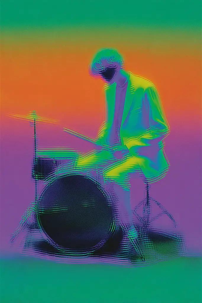 Midjourney generated image using SREF code Infrachrome: A man playing a drum set on a colorful background.