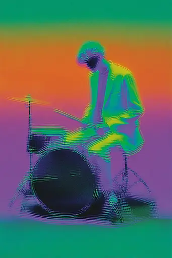 Midjourney generated image using SREF code Infrachrome: A man playing a drum set on a colorful background.